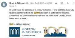 October 2, 2023 attorney email requesting a $5,000 legal fee and $313 filing fee from Onision.