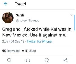 September 4, 2019 Twitter post in which Sarah states that she and Onision had sex while Lucas was in New Mexico and says to use it against her.