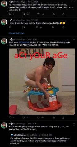 Collection of tweets from 2019 through 2021 in which Regina Alonso calls Onision a pedophile, describes various people as groomers and pedophiles, attacks critics, and expresses hope that another accused person experienced a painful death.