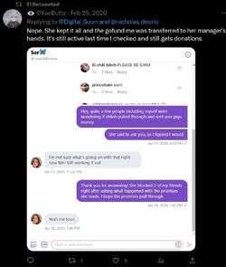 February 2020 Twitter post and private messages showing Sarah discussing expected money from a fundraiser connected to the campaign against Onision and Lucas.