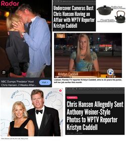 News-evidence composite showing Chris Hansen kissing reporter Kristyn Caddell; an Adweek headline reporting that hidden cameras exposed their affair; Caddell reporting for WPTV; a “Hello Pot, Meet Kettle” graphic; Hansen with his then-wife Mary Joan; and an Adweek headline alleging that Hansen sent suggestive photographs to Caddell.
