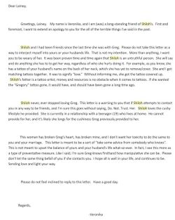 March 14, 2017 letter to Lucas from Shiloh’s former longtime friend alleging repeated dishonesty, manipulation, continued love for Onision, and attachment to the lifestyle he provided.
