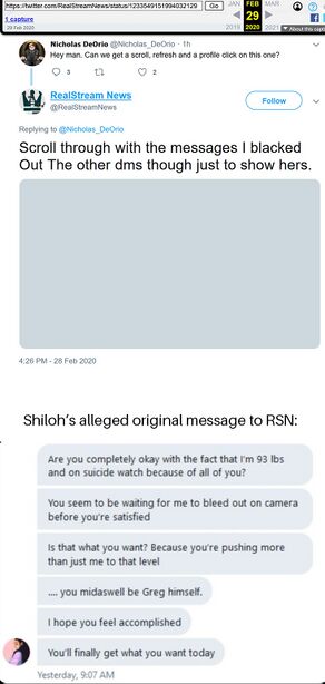 Archived February 2020 tweet from RealStreamNews above private messages attributed to Shiloh that mention suicide watch, bleeding out, imminent self-harm, and compare the recipient to Onision.