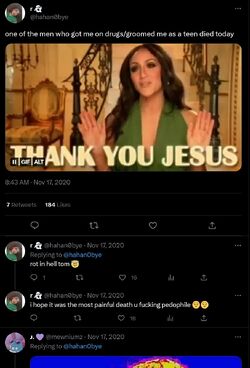 November 17, 2020 tweets in which Regina Alonso celebrates the death of a man she accused of grooming her, tells him to “rot in hell,” and says she hopes he experienced the “most painful death.”
