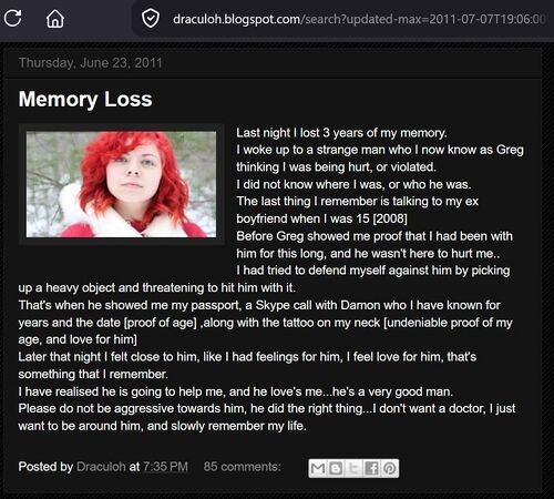 June 23, 2011 Draculoh post in which Shiloh reports losing three years of memory, threatening Onision with a heavy object, refusing a doctor, and defending Onision as a very good man who did the right thing.
