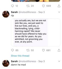September 3, 2019 Twitter posts showing Sarah responding “rip” and “damn he mad” to Onision accusing her of blackmail and rape.