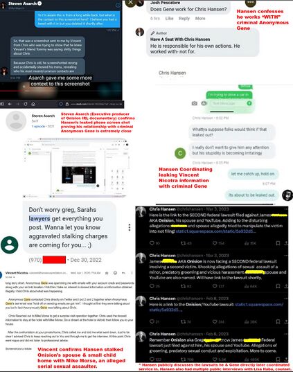 Composite image showing Steven Asarch confirming Chris Hansen's phone screenshot revealing regular communication with Anonymous Gene, a leaked text exchange in which Hansen coordinates leaking former co-host Vincent Nicotra's information to Gene, a Facebook comment in which Hansen admits he worked "with" Gene, Vincent Nicotra's April 1, 2020 email describing Hansen and Gene's coordinated doorstep visit to Onision's home using Mike Morse, a December 30, 2022 Google Voice text from Gene referencing coordination with Sarah's lawyers, and Chris Hansen's February and March 2023 tweets publicizing new lawsuit allegations.