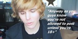 Onision speaking in a video with overlaid text stating that users are not allowed to post unless they are 18 or older.