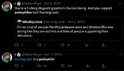 September 17 and October 6, 2019 tweets in which Regina Alonso publicly labels Lucas a pedophile, then attacks a person questioning Sarah’s claims as a disgusting person who supports pedophiles.