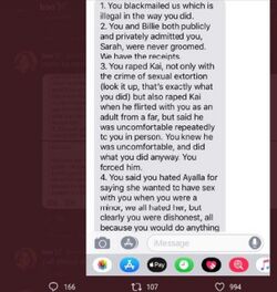 Private message published by Sarah in which Onision accuses her of blackmail, references her previous grooming denials, and alleges that she forced sexual conduct on Lucas despite his discomfort.