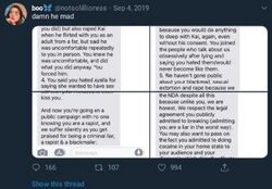 September 4, 2019 Twitter post showing Sarah sharing screenshots of Onision accusing her of blackmail and sexual misconduct and replying, “damn he mad.”