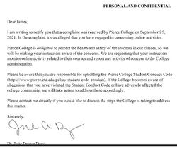 Pierce College letter stating that a complaint about Onision’s online activity caused instructors to be notified and instructed to monitor him.