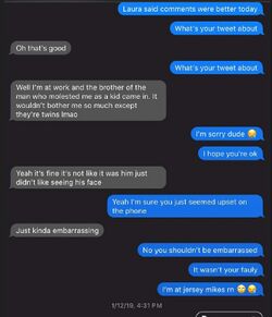 January 12, 2019 messages in which Sarah says another man molested her as a child and describes being upset after seeing his twin brother.