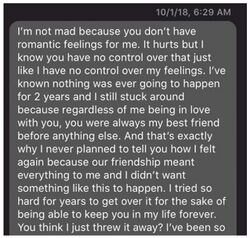 Screenshot of an October 1, 2018 message in which Sarah says Lucas does not have romantic feelings for her and that she had known for two years nothing would happen.