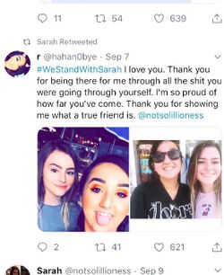 September 7, 2019 Twitter post in which Regina declares support and love for Sarah under the hashtag We Stand With Sarah, accompanied by photographs of the two together, and Sarah retweets the post.