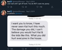 September 3, 2019 tweets in which Sarah says Onision does not scare her, calls him pathetic, and displays his message saying her conduct hurt Lucas, the children, and everyone in the household.