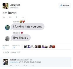 Unredacted May 13, 2015 screenshot showing Sarah replying “I fucking hate you omg” and Regina replying “Bye I hate u” to Lucas’s post stating “am loved.