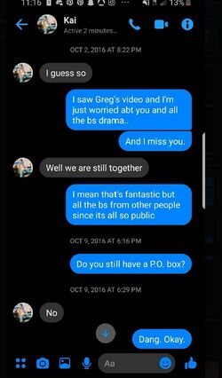 October 2016 Facebook messages in which Regina tells Lucas she misses him while Lucas responds briefly without returning the sentiment.