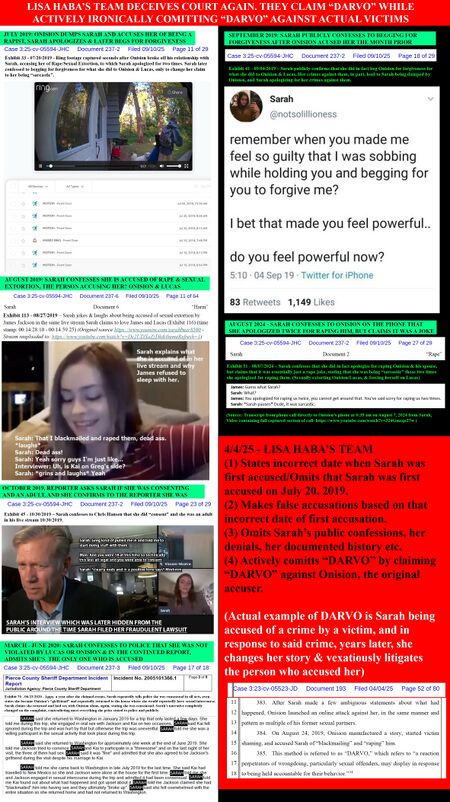 Timeline comparing Haba’s April 4, 2025 DARVO allegation with dated records placing Onision’s accusation and rejection of Sarah on July 20, 2019.