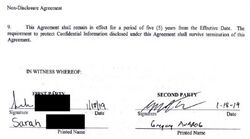 Signature page of the January 18, 2019 mutual NDA showing a five-year term and signatures from Sarah and Onision.