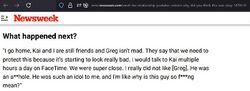 Screenshot of a Newsweek interview in which Sarah says she did not like James and describes him as extremely mean.