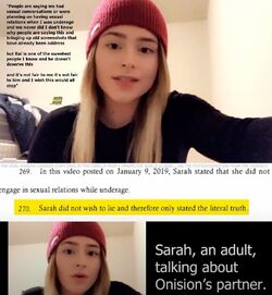 January 9, 2019 video in which Sarah denies having sexual conversations or planning sexual relations with Lucas while she was underage and describes Lucas as one of the sweetest people she knows.