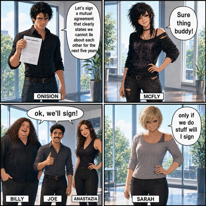 Four-panel editorial illustration showing Onision proposing a mutual five-year agreement, several people agreeing to sign it, and Sarah stating that she would sign only if sexual activity occurred.