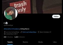 Screenshot of Regina Alonso’s Twitter profile displaying the hashtag “DeplatformPredators,” a Venmo account, a Linktree page, and more than 5,300 followers during her public campaign against Onision and Lucas.
