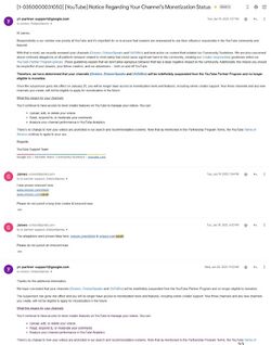 January 2021 YouTube emails indefinitely suspending monetization from the Onision, OnisionSpeaks, and UhOhBro channels after citing off-platform child-safety allegations.