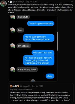 September 10, 2019 tweet by Regina Alonso displaying messages in which she asks Lucas whether they will ever be friends again, while Lucas replies that he is not sure and cannot tell the future.