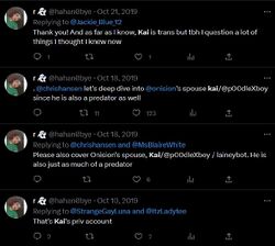 October 2019 tweets in which Regina Alonso identifies Lucas’s private account, repeatedly calls Lucas a predator, and asks journalist Chris Hansen to investigate and publicly cover him.
