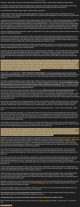 April 18, 2021 statement by Onision describing TikTok, YouTube, Twitch, and YouNow penalties, lost income, blackmail allegations, preserved evidence, and his consistent defense against public accusations.