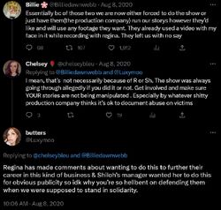 August 8, 2020 Twitter discussion in which Billie Webb says footage recorded with Regina was used without her approval, while another participant states that Regina had discussed using the project to advance her career.
