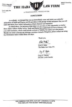 Conclusion of the July 29, 2021 Haba Law Firm letter demanding that Onision cease discussing Sarah and Regina and offering settlement negotiations and a release.