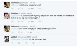 January 22, 2015 Twitter exchange in which Lucas jokingly says he is unfollowing Onision, Onision makes a self-deprecating joke about sleeping against the wall, Lucas suggests sleeping upstairs, and Sarah replies “not the forbidden floor.”