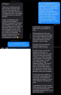 November 23, 2017 text exchange showing Beck praising Onision, Onision telling Beck he was fed up with her conduct, and Beck apologizing while promising not to stop trying to preserve the friendship.