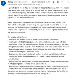 March 27, 2021 email from Onision distributing his notes from a nine-hour phone conversation with Sarah to several online commentators.