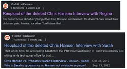 Search results showing Reddit posts titled reupload of the deleted Chris Hansen interviews with Sarah and Regina.