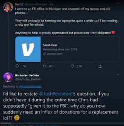 February 19, 2020 Twitter post in which Sarah says she surrendered her laptop and phones to the FBI and asks supporters to send money through Venmo for a replacement laptop.