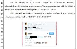 Paragraphs 266 and 267 of the Third Amended Complaint characterize a January 2015 Twitter exchange as ongoing sexual communication and cite Lucas’s phrase “INTO THE DUNGEON” while displaying only a cropped portion of the thread.