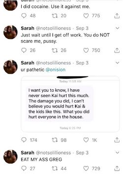 September 3, 2019 Twitter posts in which Sarah tells Onision he does not scare her, calls him pathetic, and posts an insulting challenge.