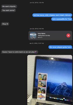 January 20 and 21, 2019 messages showing Sarah casually discussing food and music with Lucas and saying she would have to return so they could play Guitar Hero.