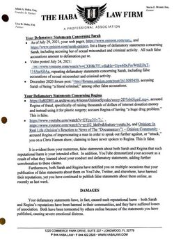 July 29, 2021 Haba Law Firm letter listing statements about Sarah and Regina that the firm characterized as defamatory.