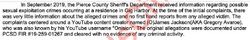 Pierce County Sheriff report stating that the original allegations involving Onision were cleared with no evidence of criminal activity.