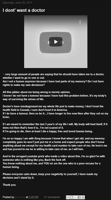June 25, 2011 Draculoh blog post in which Shiloh refuses medical evaluation for memory loss, defends Onision for respecting her decision, and describes him as loving and willing to care for her.