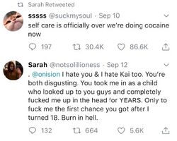 September 2019 Twitter posts showing Sarah retweeting a statement about cocaine and falsely claiming Onision and Lucas had sex with her immediately after she became an adult.
