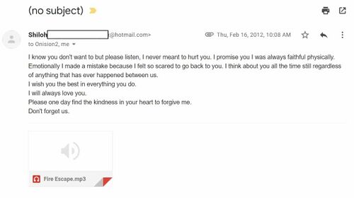 February 16, 2012 email from Shiloh admitting she hurt Onision, acknowledging an emotional mistake, asking him to forgive her, and saying she would always love him.