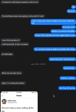January 4, 2019 private messages in which Sarah questions the timing of the accusations, identifies Ayalla, and says she is calling the police.