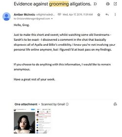 Screenshot of an April 17, 2019 email forwarding an archived YouNow image in which Billie says no one was grooming Sarah.