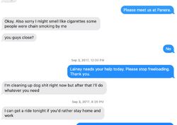 September 3, 2017 text messages in which Onision tells Sarah to stop freeloading and Sarah says she can obtain her own ride.